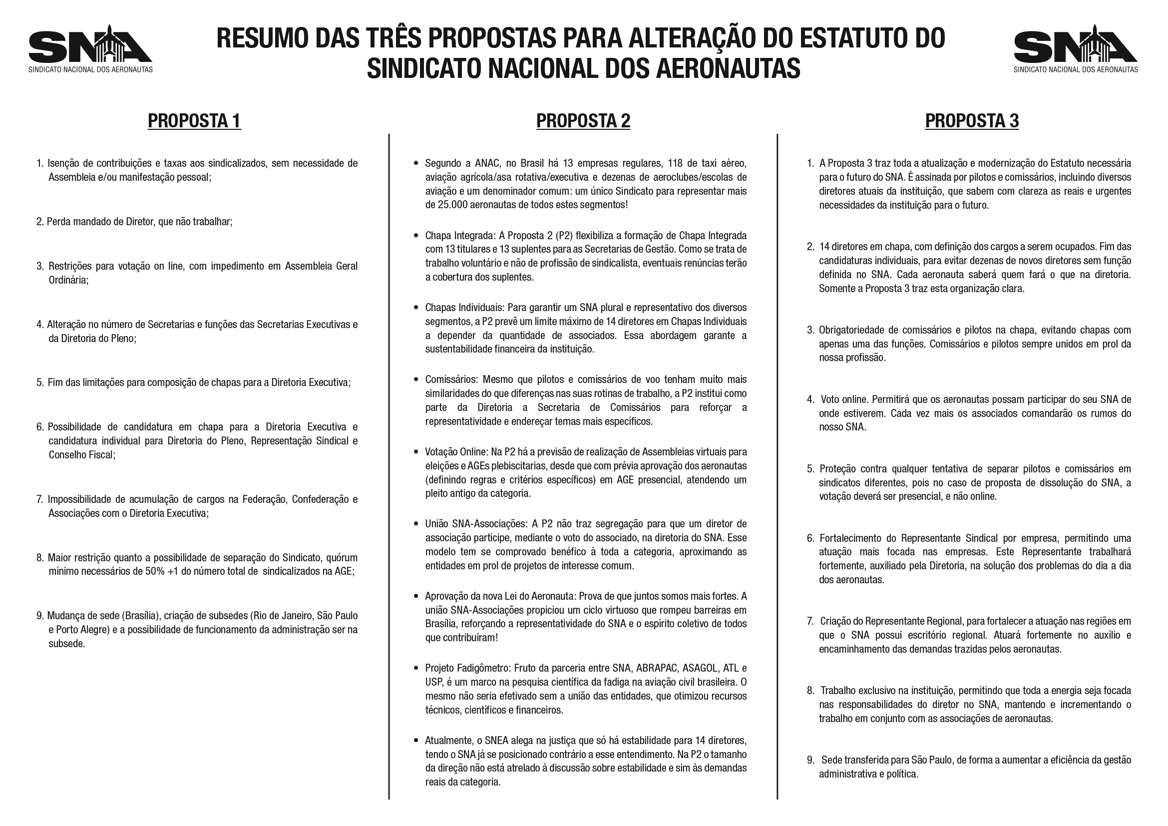 resumo propostas estatuto sna